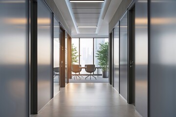 Fototapeta premium Elegant Modern Office Corridor with Soft-Focus Backgrounds for Professional Workspace Decor
