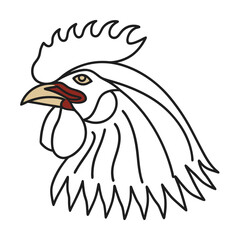 Graphic rooster head illustration with black outline and minimal color accents simple design style