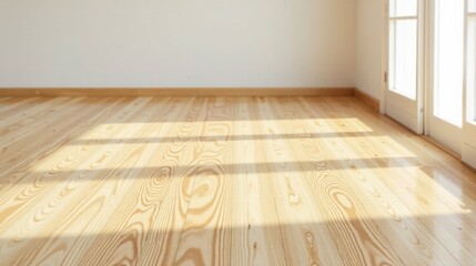 Sunlight Illuminates a Light Wood Floor in a Room with a White Wall and Bright Window