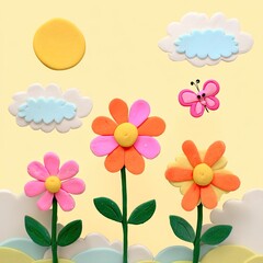 Clay Flowers, Clouds, and Butterfly on Yellow Background
