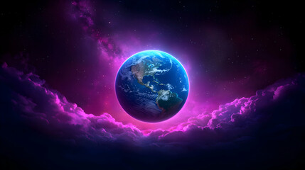 Fototapeta premium Pixel Art Earth in Vibrant Purple and Pink Nebula