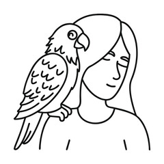 Line art illustration of a woman with parrot on shoulder exotic bird friendship serenity