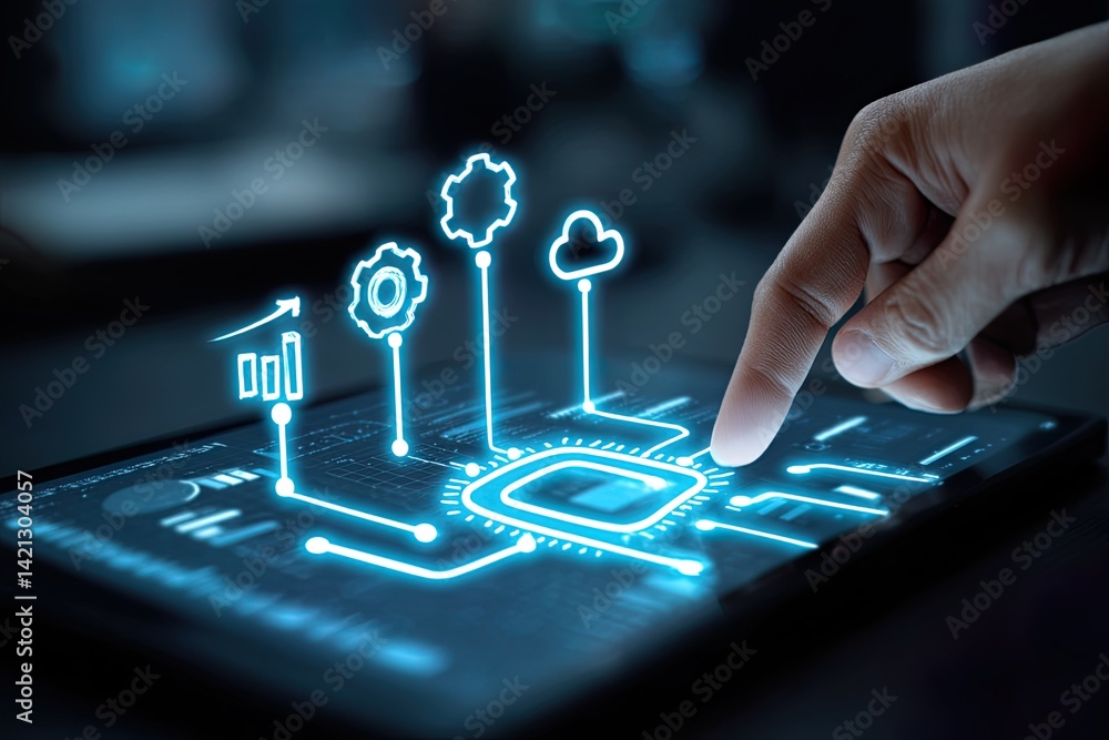 Wall mural finger taps neon tech interface on tablet device with glowing data visuals
