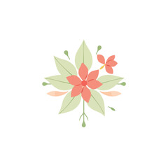 Modern botanical composition logo coral pink and sage green abstract flowers form a minimalist floral cluster, using geometric shapes and clean lines. Centered on a white background