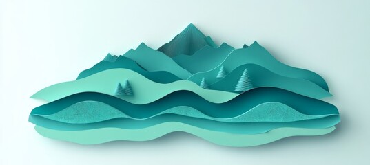 Abstract Paper Cutout Landscape, Serene Blue Mountain Layers, Minimalist Nature Design