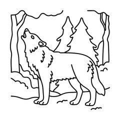 Line art illustration of a howling wolf standing in a forest with trees and snow