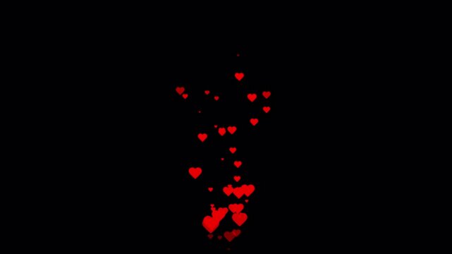 Many hearts in one line, smoothly and slowly rising from bottom to top on an isolated background