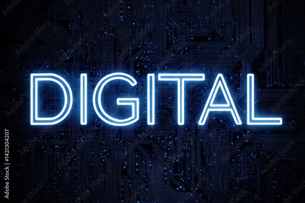 Canvas Prints glowing digital text overlay on abstract electronic circuit pattern, technology concept