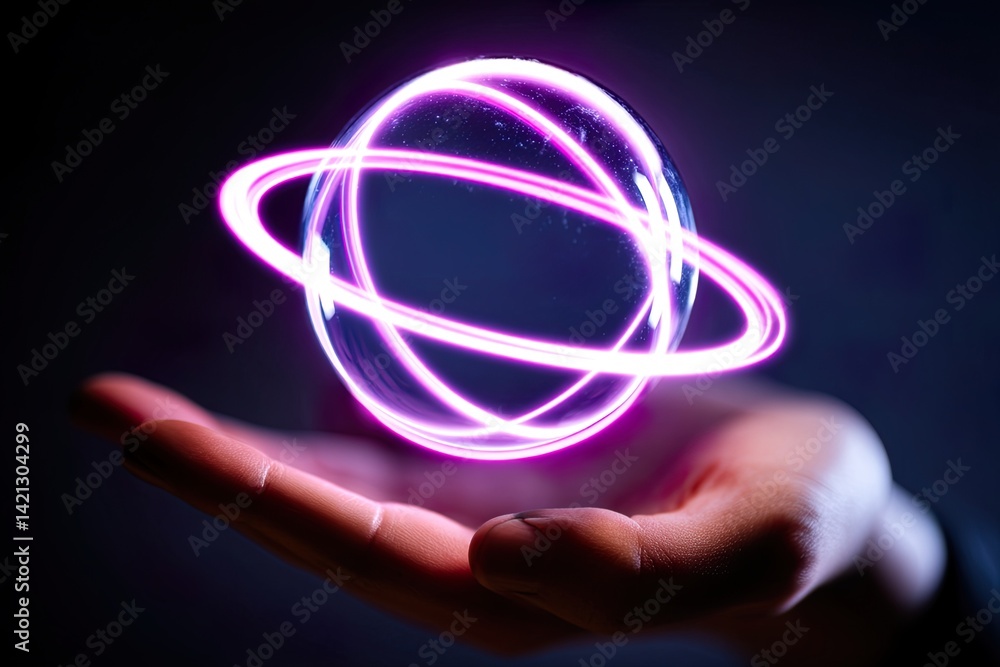 Wall mural glowing sphere orb floating on hand with dynamic pink trails against dark background