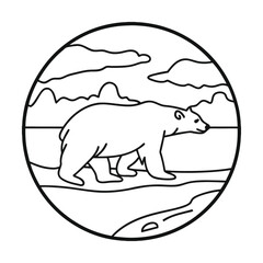 Minimalist polar bear walking illustration with snowy landscape in a circular black and white design