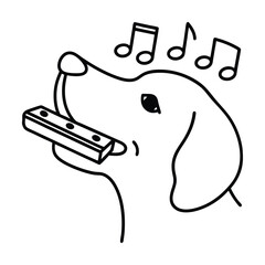 Minimalist line art of a dog playing harmonica with musical notes above its head