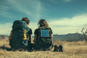 Obraz premium Couple enjoying nature while resting with backpacks on a mountain trail