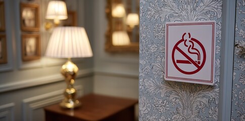 Modern No Smoking Sign on Hotel Room Wall with Elegant Frame – Close-Up of Luxury Interior Decor for Travel and Hospitality Concepts