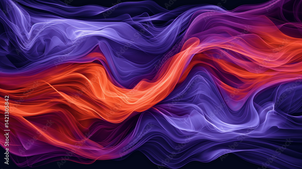 Poster abstract flowing waves of purple and orange colors creating a dynamic and fluid composition art