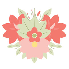 Modern botanical logo coral pink and sage green abstract flowers arranged in a minimalist vector floral cluster. Geometric shapes and clean lines on a white background, showcasing balance and symmetry