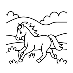 Cartoon horse galloping across a field outline vector illustration for coloring books and educational resources