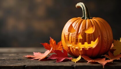 Intricate carved pumpkin on rustic wood, autumn leaves , halloween decor, dark