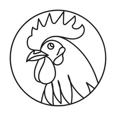 Circular rooster icon minimalist line art illustration for farm animal designs and poultry concepts