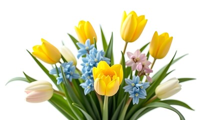 Fototapeta premium A bouquet or arrangement of vibrant springtime flowers set against a clear backdrop.