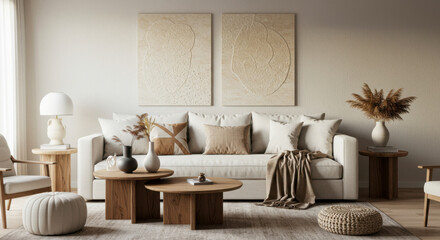 Cozy Modern Living Room with Neutral Palette, Beige Sofa, and Scandinavian Hygge Influence