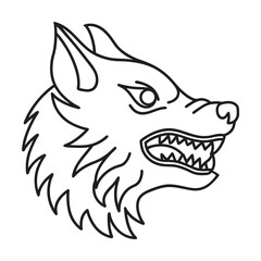 Minimalist vector illustration of angry wolf head with sharp teeth and furry mane black outline