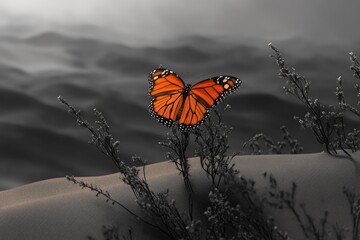 Obraz premium A vibrant monarch butterfly rests on a desolate, monochrome landscape, a striking contrast of color and environment.