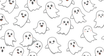 Repeating Pattern of Playful White Ghosts with Gray Outlines
