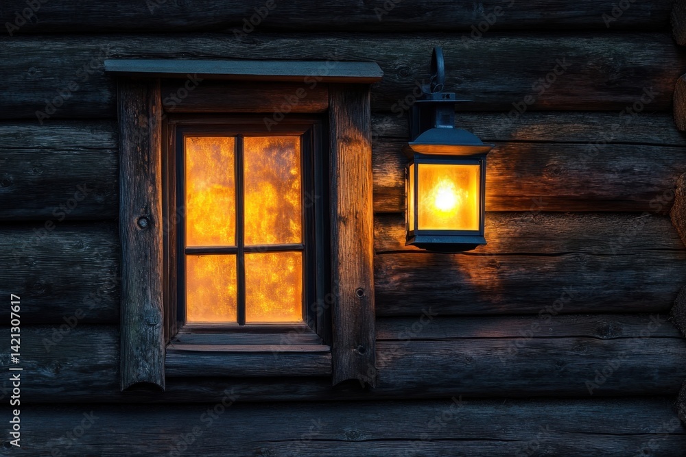 Poster warm glow from lantern and window on rustic log cabin at dusk