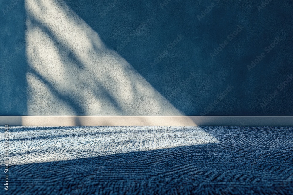 Poster sunlight streams through a window, casting shadows on a textured blue carpet and wall.