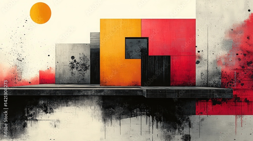 Poster architectural composition with geometric shapes and abstract reflection