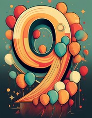 Obraz premium Number 9 with balloons. Retro style illustration for ninth birthday or anniversary