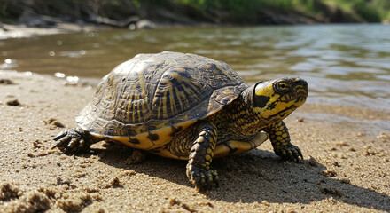 Obraz premium Turtle on Sandy Shoreline Relaxing Near Water