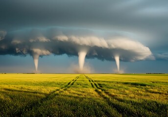 Double Tornadoes Unleashed Over Open Fields"