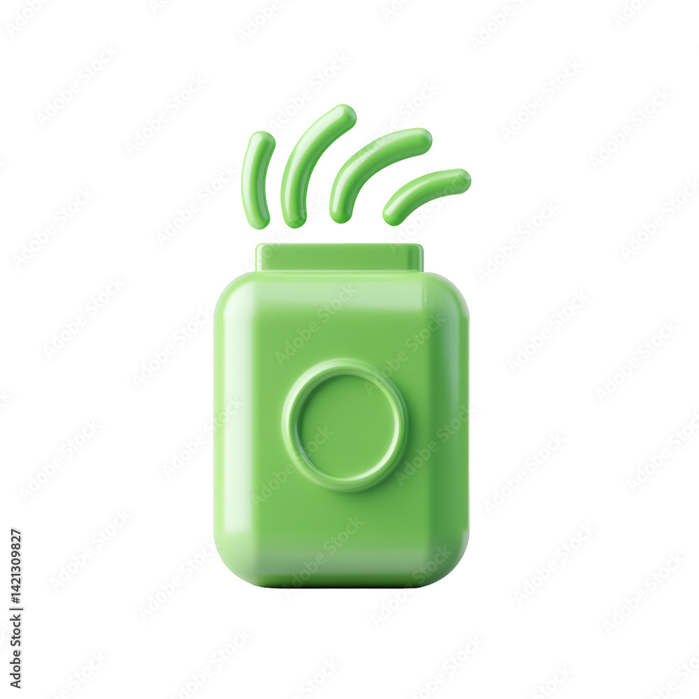 Poster green plastic container with curved lines on top and round shape in center