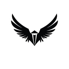 Symmetrical logo black silhouette wings, geometric shapes, clean lines. Centered on white background, minimal design emphasizing balance, symmetry, and visual clarity