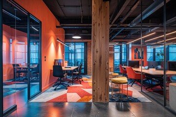 Fototapeta premium Dynamic Coworking Space with Architectural Flair and Reflective Design