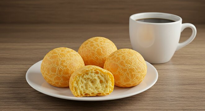 Pao de Queijo is a cheese bread ball from Brazil Also known as Chipa Pandebono and Pan de Yuca Snacks on white plate and cup of coffee Brazilian food white food background. Brazilian food