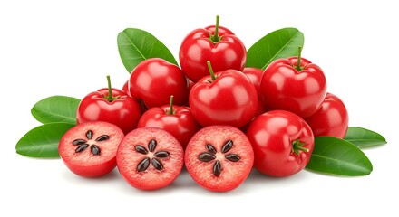 Pile of fresh organic acerola cherry fruits with green leaf and sliced isolated on white background. Brazilian food
