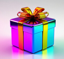 Obraz premium A 3D rendered, iridescent gift box with a smooth, reflective surface featuring a gradient of colors, including purple, blue, and pink