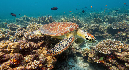 Fototapeta premium Sea Turtle Swimming Freely Among Coral Reef