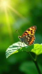 Obraz premium Brown speckled butterfly resting on vibrant green leaf, sunlight dappled , color, nymphalidae