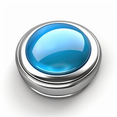 Glossy, round, blue button with metallic frame.
