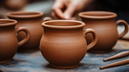 Ceramic artist smoothing freshly made pots studio art process creative space close-up craftsmanship