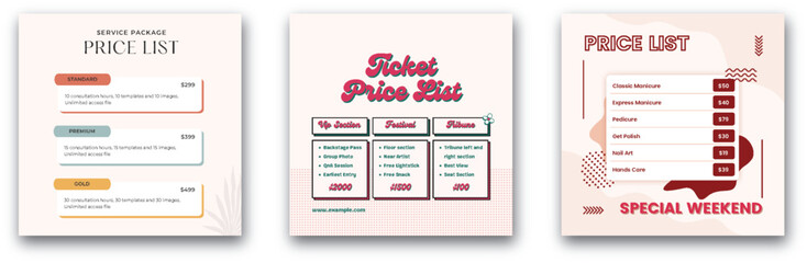 Price Lists: Photography, Concert Tickets, and Manicure Services