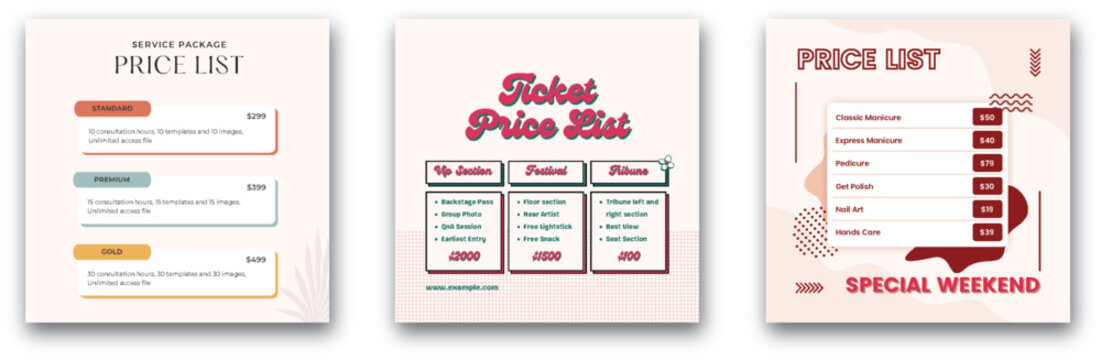 Price Lists: Photography, Concert Tickets, and Manicure Services
