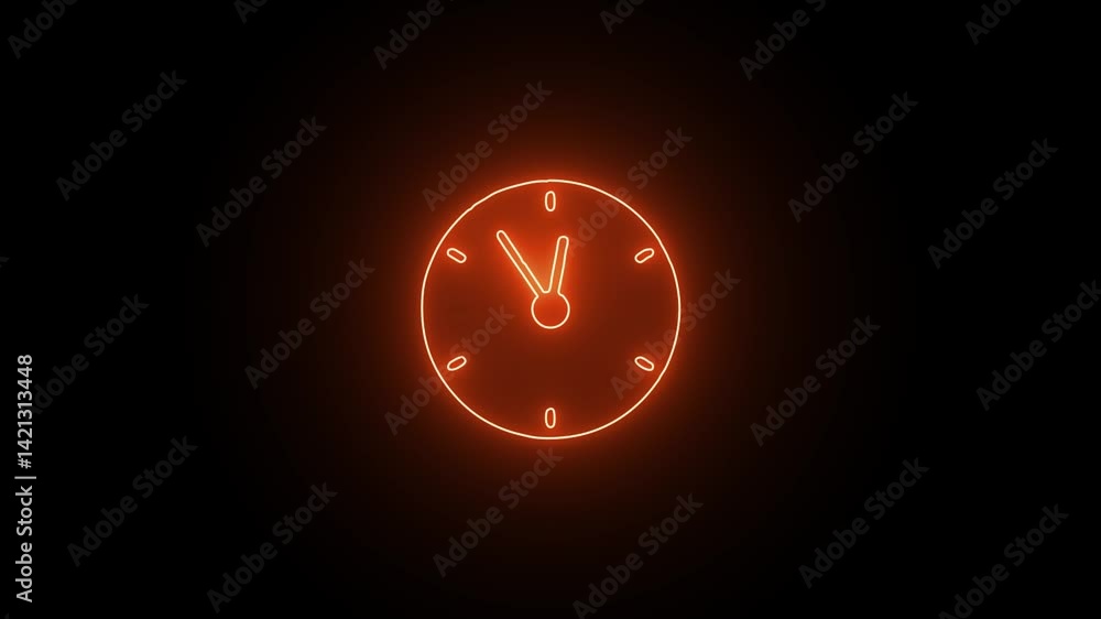 Poster neon line glowing clock icon animation on background ,simple clock icon concept