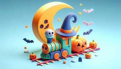 Fototapeta premium Halloween train with pumpkins and bats cute spooky season illustration background