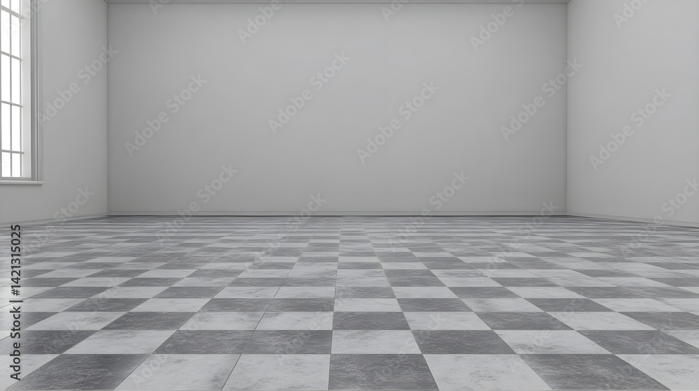 Poster minimalist checkerboard pattern empty room interior design modern space wide angle visual simplicity