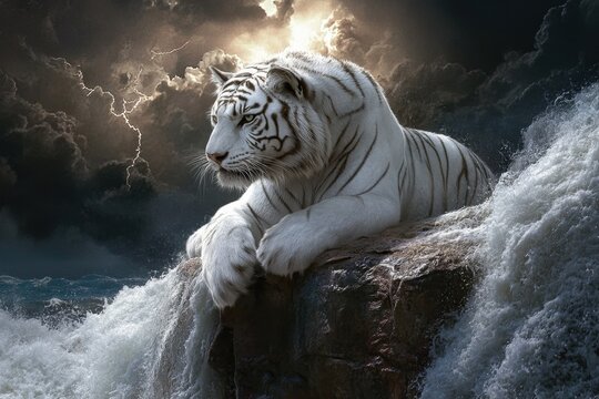 Majestic white tiger resting on a rocky shore under dramatic stormy skies