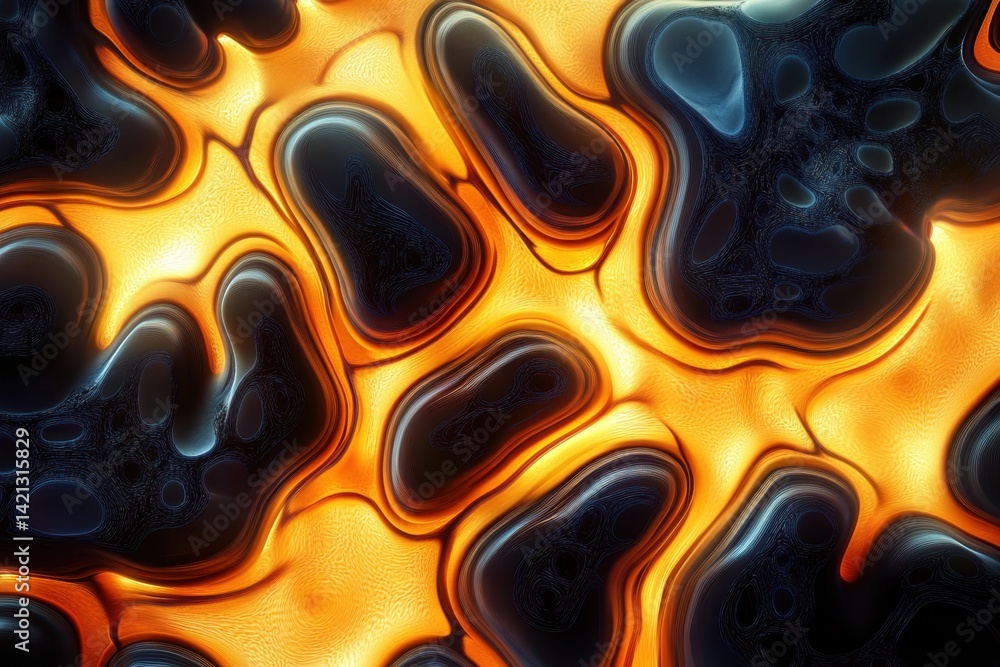 Poster abstract pattern of flowing orange and black shapes with a glossy texture